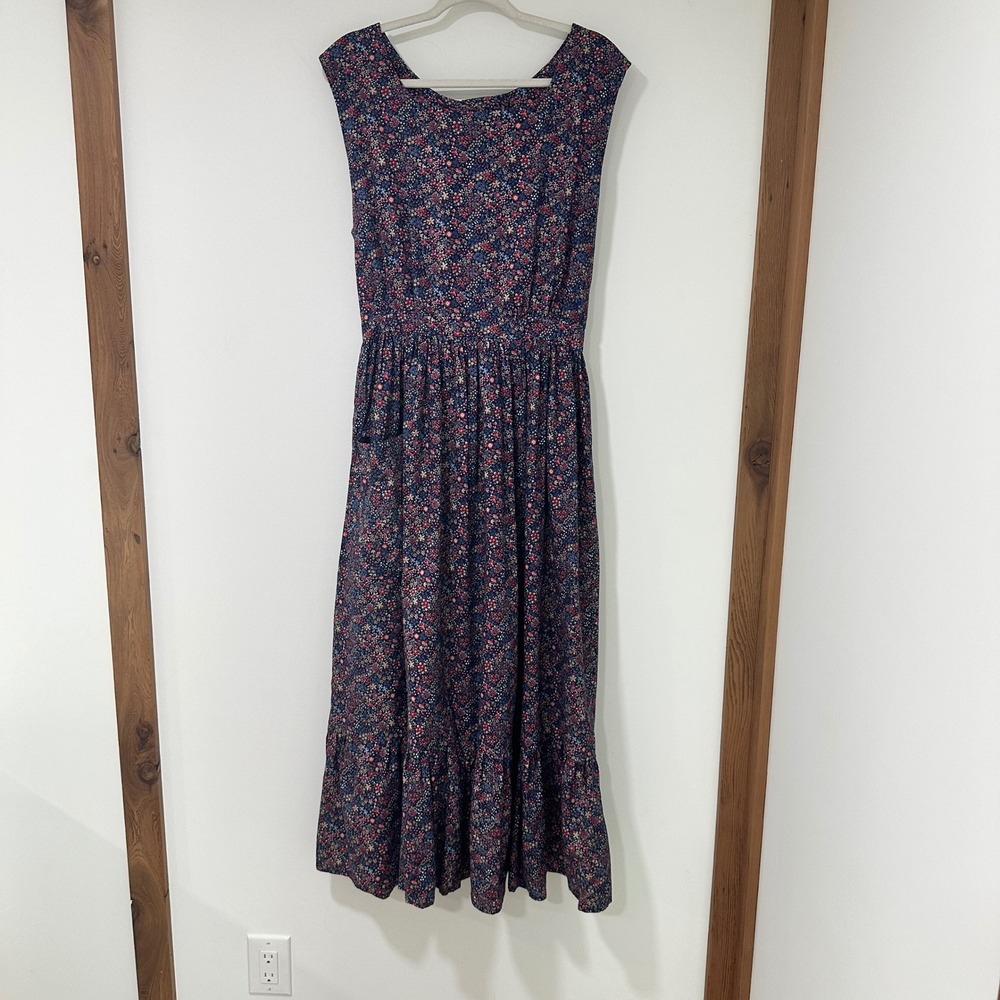 Vintage Handmade Floral Pinafore Apron Dress Navy Open Back Tie Cottagecore
